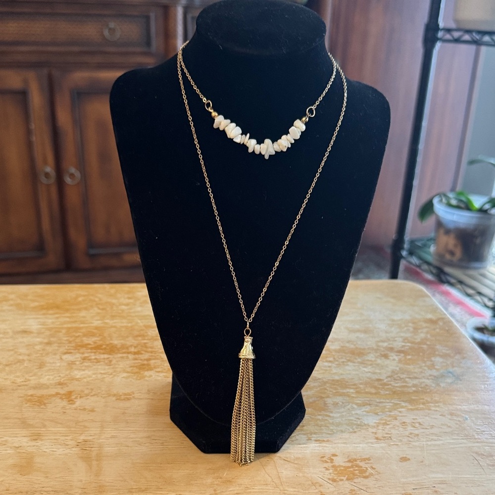 Gold Tone Kendra Scott Layered Necklace with Stone  and Gold Tone Tassel Accents